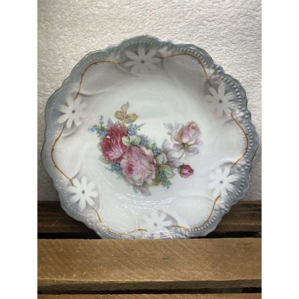 Antique Serving Bowl Leuchtenberg Germany Roses Gold Beaded Trim 9" 1920s